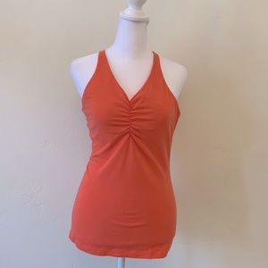 Prana Yoga Top. Ruched Front. Built-in Bra. Size M. Never worn. Coral pink